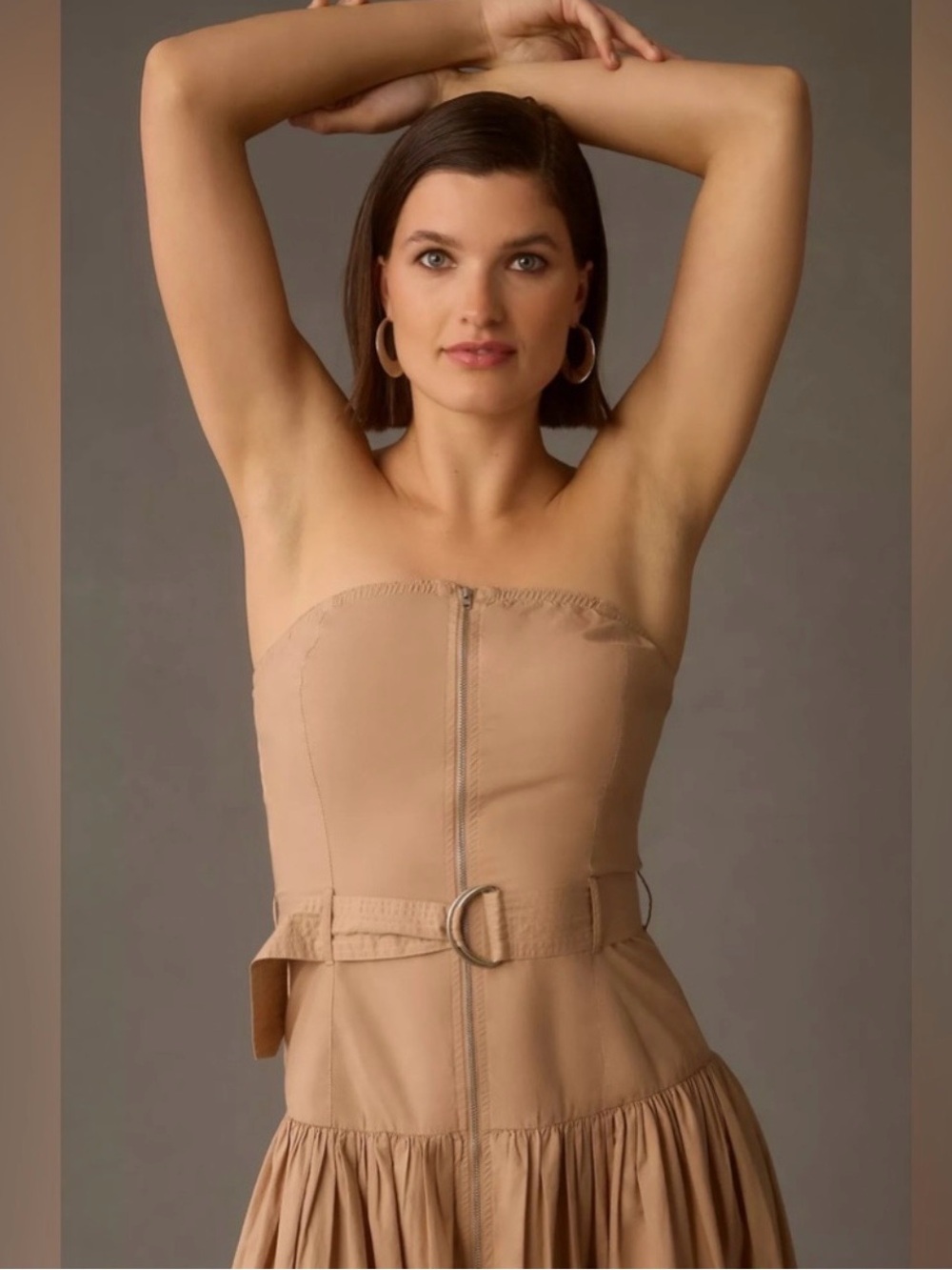 NWT Love The Label L Khaki Tan Strapless Midi Utility Dress Belted 100% Cotton - Picture 3 of 16
